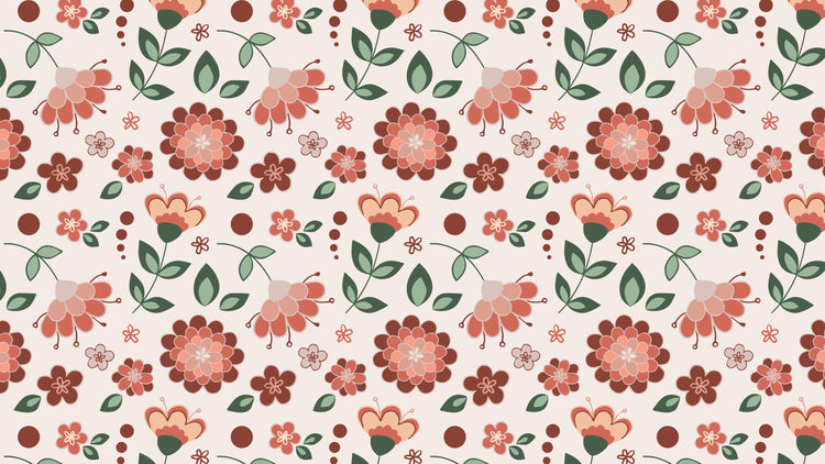 Floral pattern with greens, oranges, and peach colored stems and leaves and an off-white background.