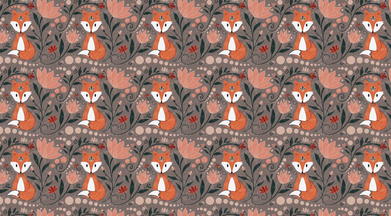 Dark Orange foxes surrounded by red, pink and green flowers and swirls on a dark gray background